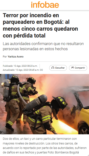 Terror por incendio en Bogotá: al menos cinco carros quedaron con pérdida total