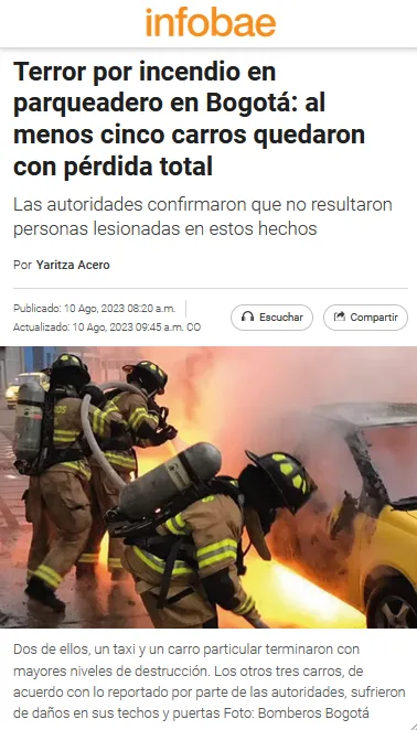 Terror por incendio en Bogotá: al menos cinco carros quedaron con pérdida total