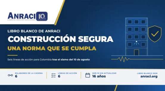 Pieza gráfica azul marino y dorada con el logo de ANRACI y el título "Construcción segura: una norma que se cumpla", con la ilustración técnica de un edificio sobre una línea de onda sísmica y un escudo con un visto bueno, y una franja con tres datos: 6 eslabones, 6 líneas de acción y 16 años de la NSR-10 sin actualizar.