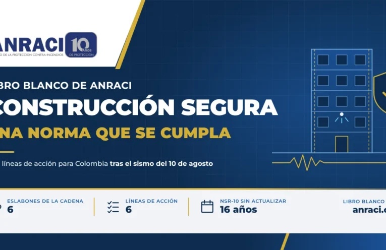 Pieza gráfica azul marino y dorada con el logo de ANRACI y el título "Construcción segura: una norma que se cumpla", con la ilustración técnica de un edificio sobre una línea de onda sísmica y un escudo con un visto bueno, y una franja con tres datos: 6 eslabones, 6 líneas de acción y 16 años de la NSR-10 sin actualizar.