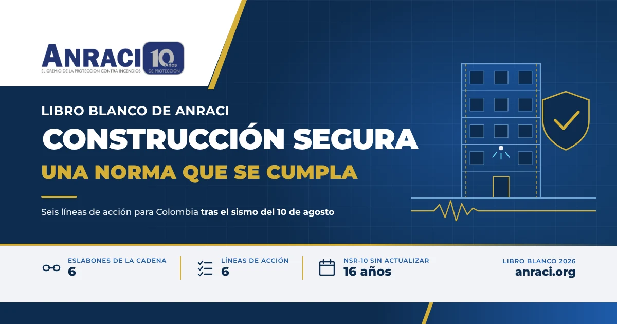 Pieza gráfica azul marino y dorada con el logo de ANRACI y el título "Construcción segura: una norma que se cumpla", con la ilustración técnica de un edificio sobre una línea de onda sísmica y un escudo con un visto bueno, y una franja con tres datos: 6 eslabones, 6 líneas de acción y 16 años de la NSR-10 sin actualizar.